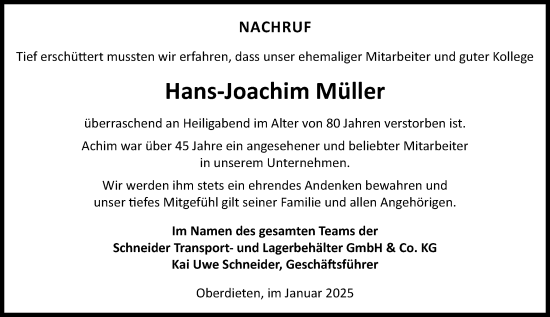 Traueranzeige von Hans-Joachim Müller von Hinterländer Anzeiger