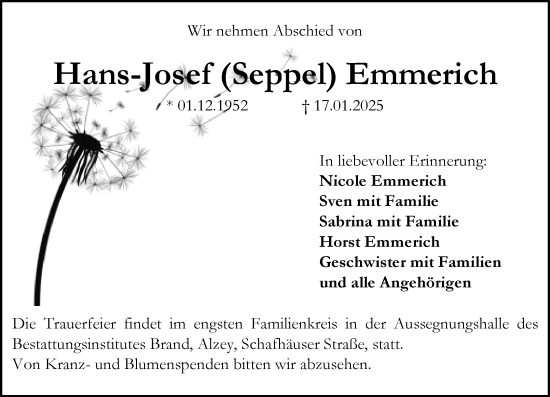 Traueranzeige von Hans-Josef Emmerich von Allgemeine Zeitung Alzey