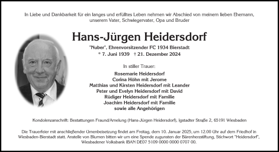 Traueranzeige von Hans-Jürgen Heidersdorf von Wiesbadener Kurier