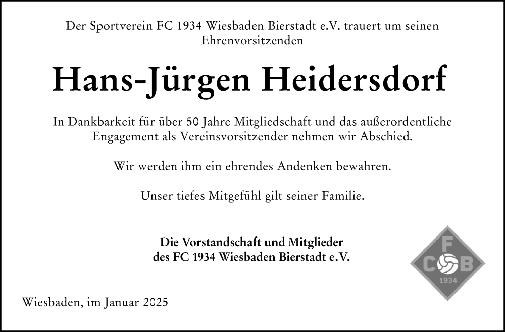  Traueranzeige für Hans-Jürgen Heidersdorf vom 04.01.2025 aus Wiesbadener Kurier