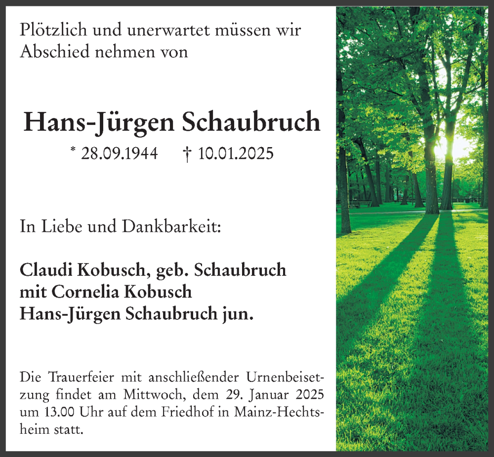  Traueranzeige für Hans-Jürgen Schaubruch vom 25.01.2025 aus Allgemeine Zeitung Mainz