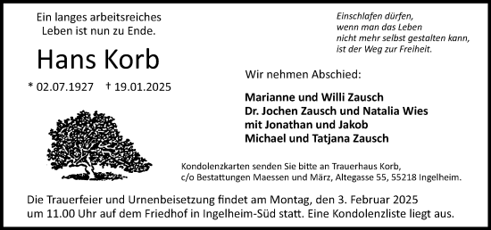 Traueranzeige von Hans Korb von Allgemeine Zeitung Rheinhessen-Nahe