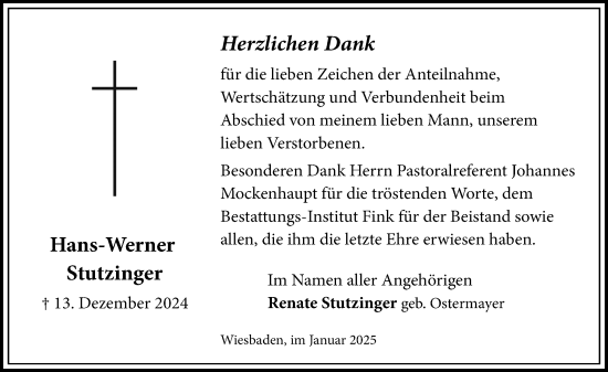 Traueranzeige von Hans-Werner Stutzinger von Wiesbadener Kurier