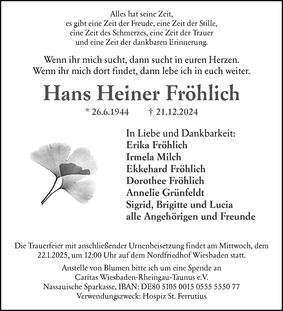 Traueranzeige für Hans Heiner Fröhlich vom 18.01.2025 aus Wiesbadener Kurier