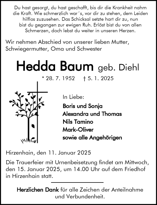 Traueranzeige von Hedda Baum von Dill Block