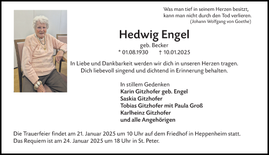 Traueranzeige von Hedwig Engel von Starkenburger Echo