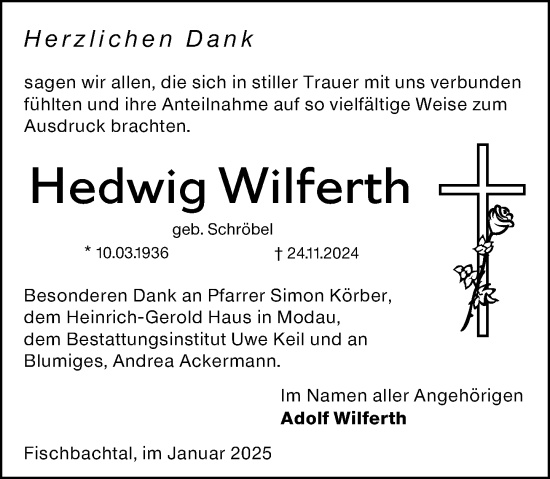 Traueranzeige von Hedwig Wilferth von Darmstädter Echo