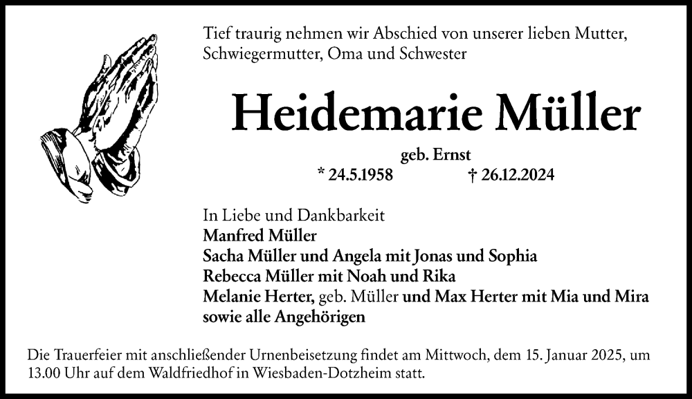  Traueranzeige für Heidemarie Müller vom 11.01.2025 aus Wiesbadener Kurier