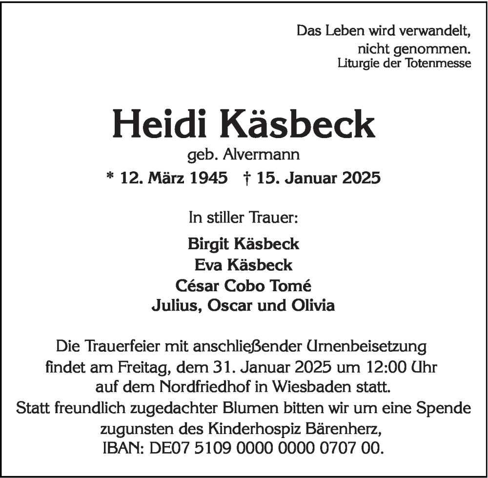  Traueranzeige für Heidi Käsbeck vom 25.01.2025 aus Wiesbadener Kurier