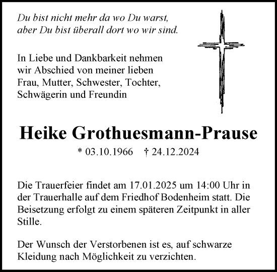 Traueranzeige von Heike Grothuesmann-Prause von Allgemeine Zeitung Mainz