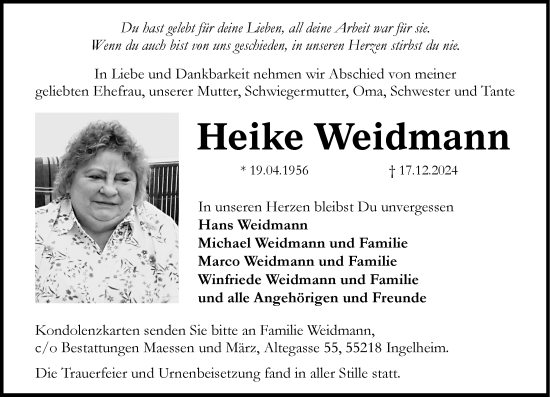 Traueranzeige von Heike Weidmann von Binger-/Ingelheimer Wochenblatt