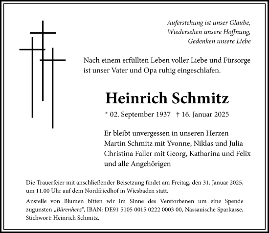 Traueranzeige von Heinrich Schmitz von Wiesbadener Kurier