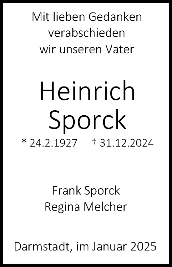 Traueranzeige von Heinrich Sporck von Darmstädter Echo