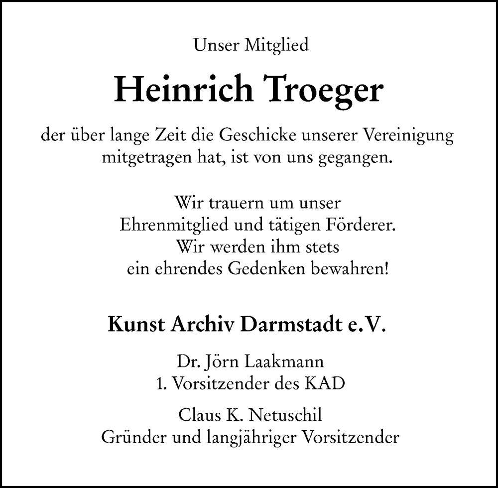  Traueranzeige für Heinrich Troeger vom 18.01.2025 aus Darmstädter Echo
