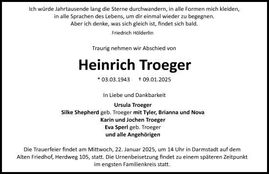 Traueranzeige von Heinrich Troeger von Darmstädter Echo