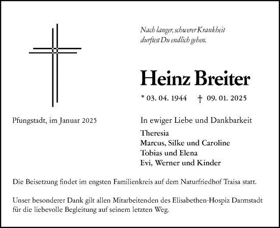Traueranzeige von Heinz Breiter von Darmstädter Echo