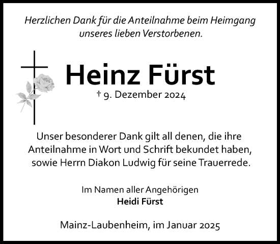 Traueranzeige von Heinz Fürst von Allgemeine Zeitung Mainz