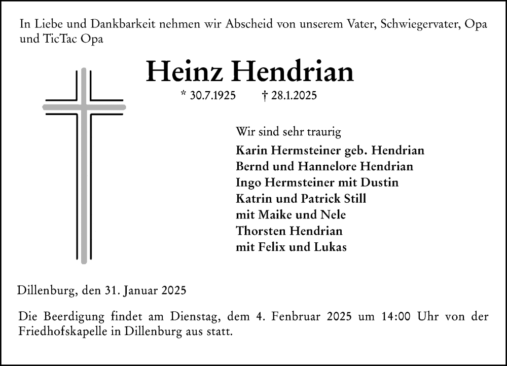  Traueranzeige für Heinz Hendrian vom 31.01.2025 aus Dill Block