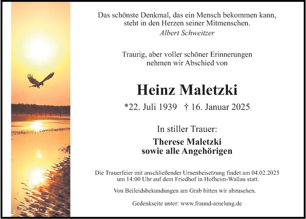  Traueranzeige für Heinz Maletzki vom 25.01.2025 aus Wiesbadener Kurier