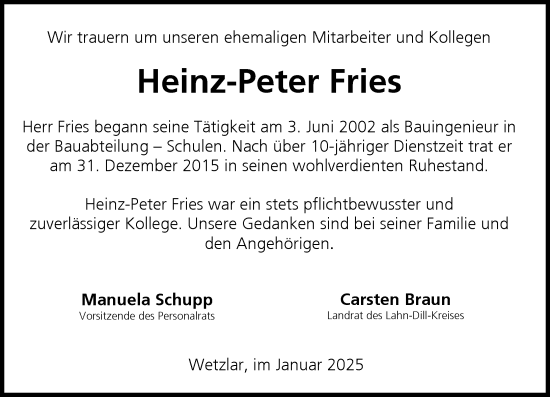 Traueranzeige von Heinz-Peter Fries von Weilburger Tageblatt