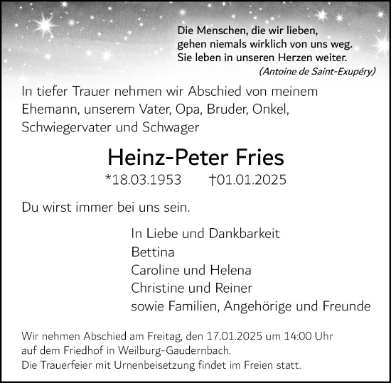 Traueranzeige von Heinz-Peter Fries von Weilburger Tageblatt