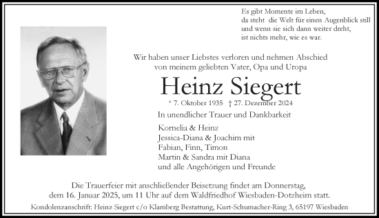 Traueranzeige von Heinz Siegert von Wiesbadener Kurier