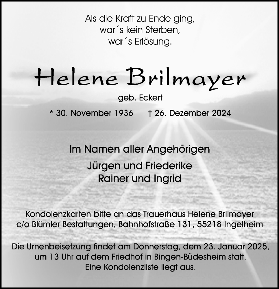  Traueranzeige für Helene Brilmayer vom 11.01.2025 aus Allgemeine Zeitung Rheinhessen-Nahe
