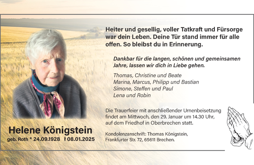  Traueranzeige für Helene Königstein vom 23.01.2025 aus Camberger Anzeiger