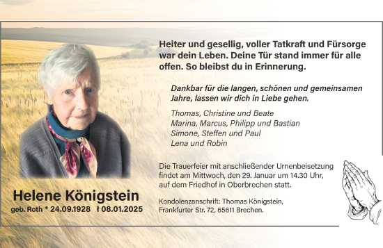 Traueranzeige von Helene Königstein von Camberger Anzeiger