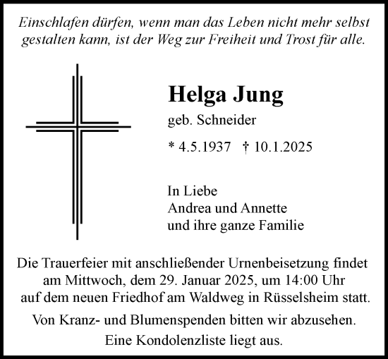 Traueranzeige von Helga Jung von Rüsselsheimer Echo
