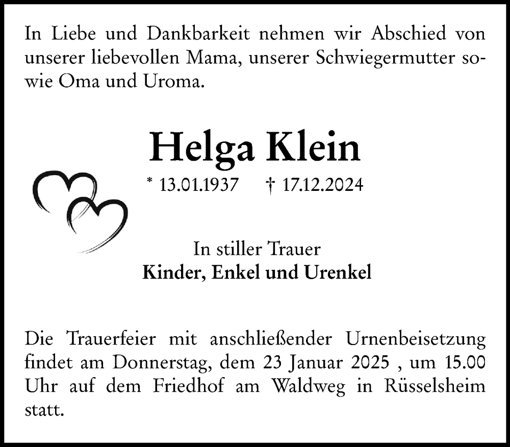  Traueranzeige für Helga Klein vom 18.01.2025 aus Rüsselsheimer Echo