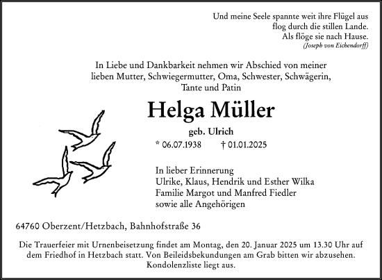 Traueranzeige von Helga Müller von Odenwälder Echo