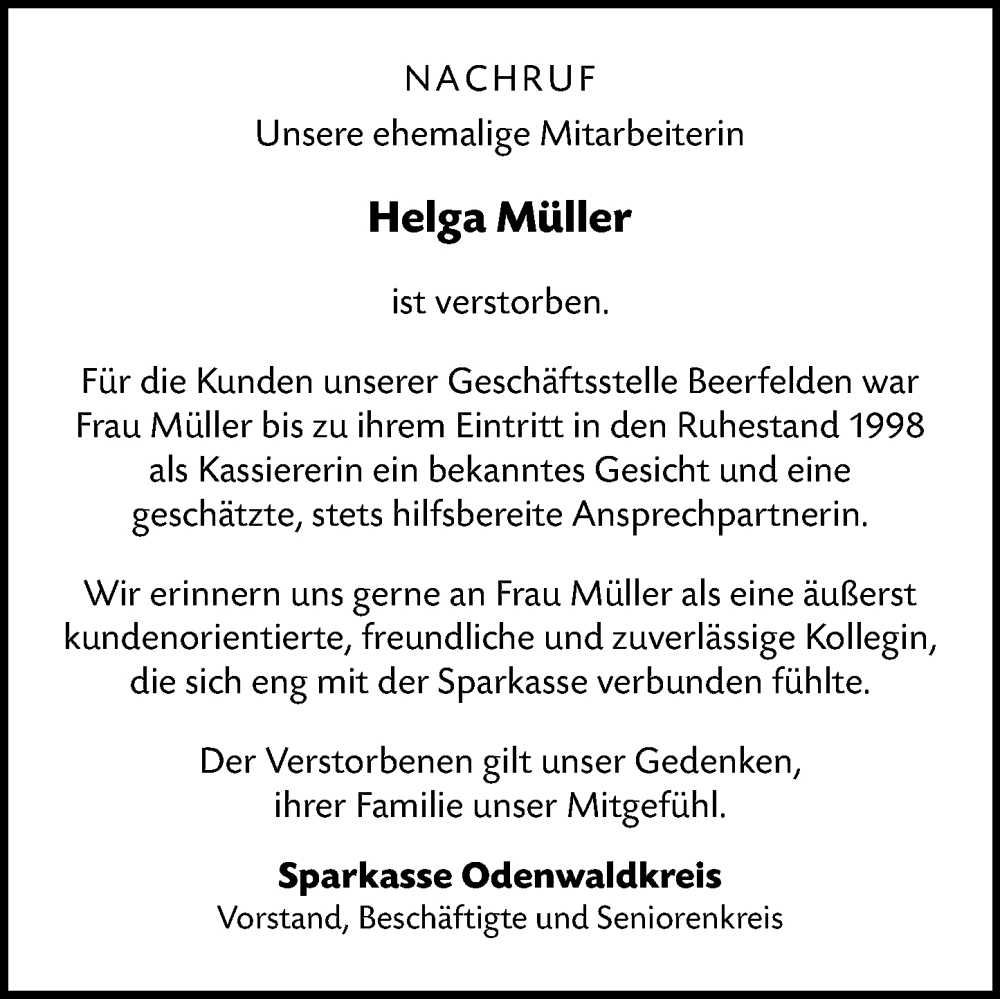  Traueranzeige für Helga Müller vom 18.01.2025 aus Odenwälder Echo