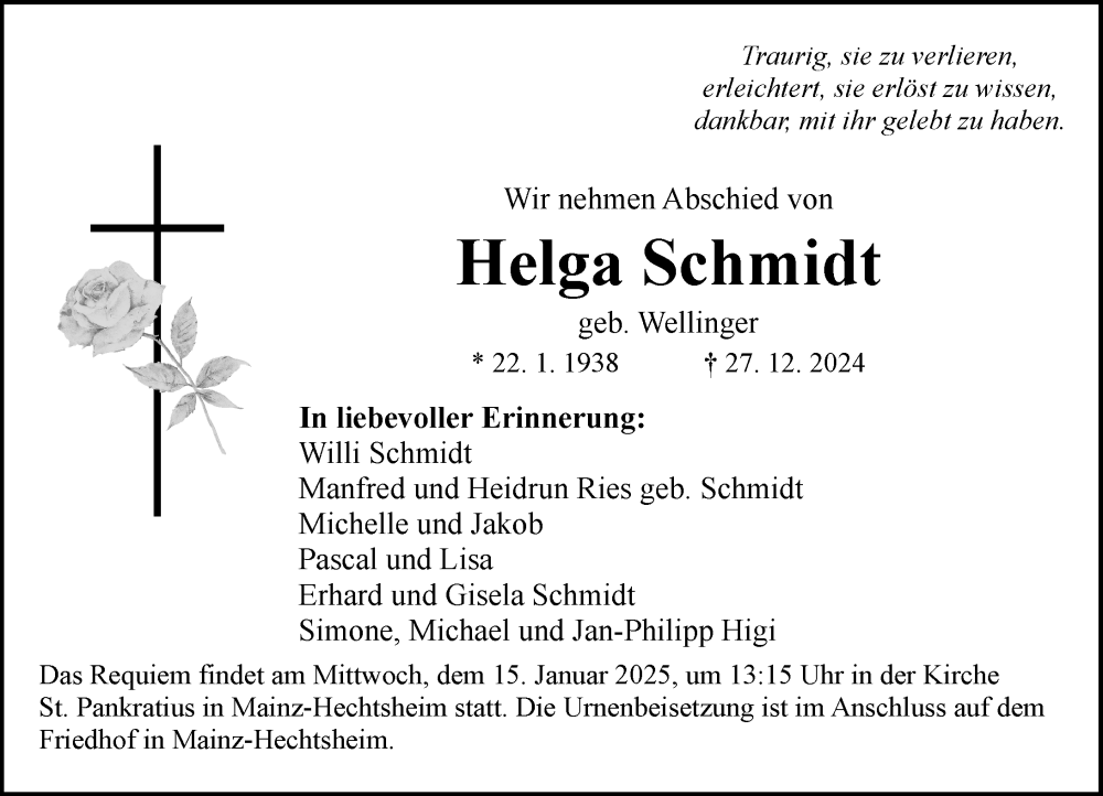  Traueranzeige für Helga Schmidt vom 04.01.2025 aus Allgemeine Zeitung Mainz
