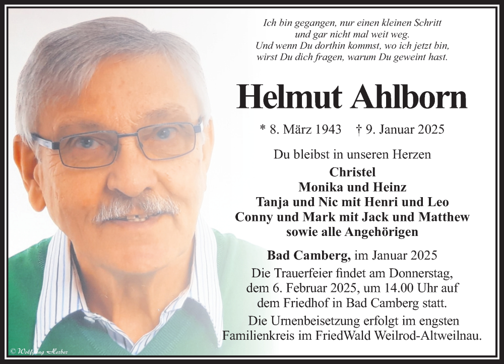  Traueranzeige für Helmut Ahlborn vom 30.01.2025 aus Camberger Anzeiger