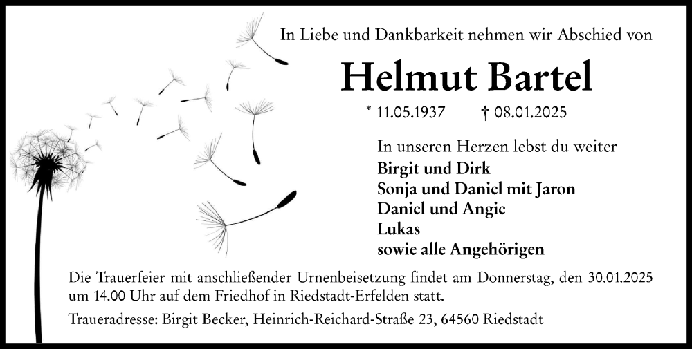  Traueranzeige für Helmut Bartel vom 18.01.2025 aus Rüsselsheimer Echo