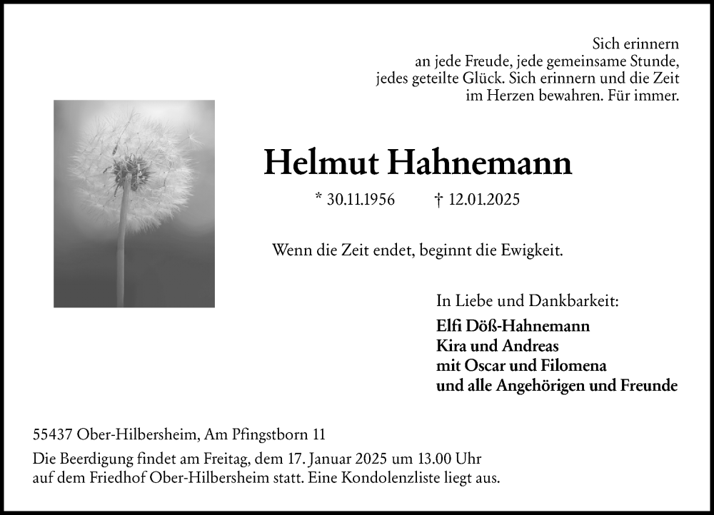  Traueranzeige für Helmut Hahnemann vom 15.01.2025 aus Allgemeine Zeitung Rheinhessen-Nahe