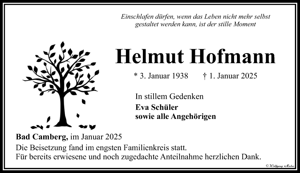  Traueranzeige für Helmut Hofmann vom 16.01.2025 aus Camberger Anzeiger