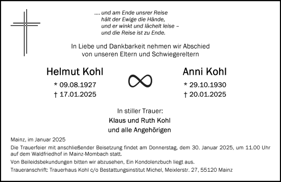 Traueranzeige von Helmut Kohl von Allgemeine Zeitung Mainz