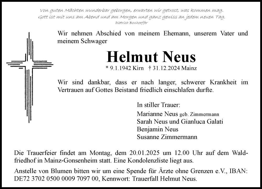  Traueranzeige für Helmut Neus vom 04.01.2025 aus Allgemeine Zeitung Rheinhessen-Nahe