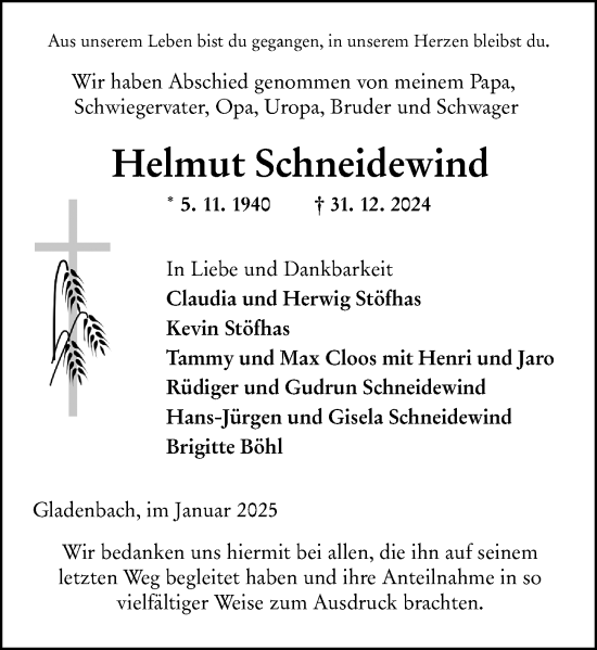 Traueranzeige von Helmut Schneidewind von Hinterländer Anzeiger