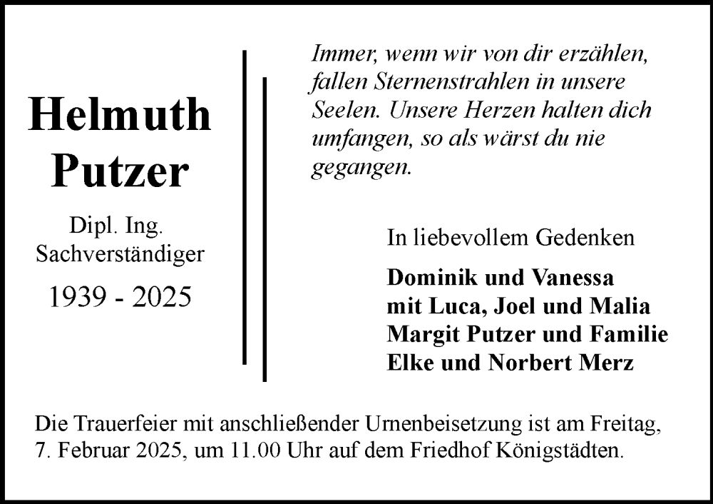  Traueranzeige für Helmuth Putzer vom 25.01.2025 aus Rüsselsheimer Echo