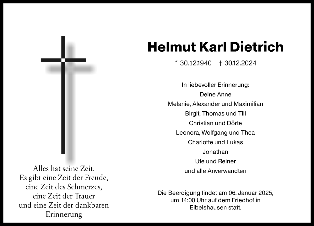  Traueranzeige für Helmut Karl Dietrich vom 03.01.2025 aus Dill Block
