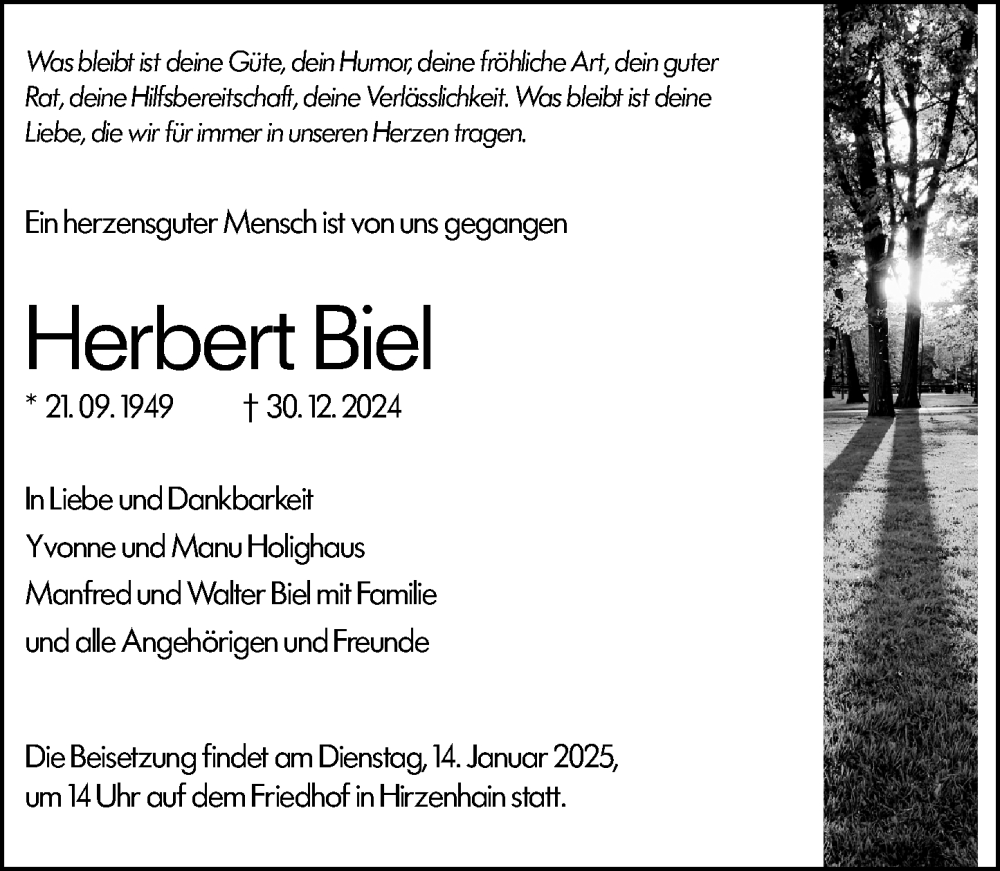  Traueranzeige für Herbert Biel vom 11.01.2025 aus Hinterländer Anzeiger