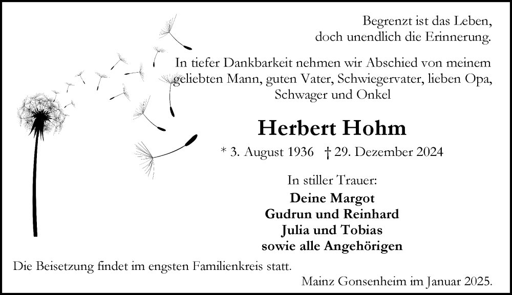  Traueranzeige für Herbert Hohm vom 11.01.2025 aus Allgemeine Zeitung Mainz