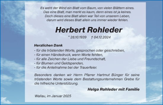 Traueranzeige von Herbert Rohleder von Hinterländer Anzeiger