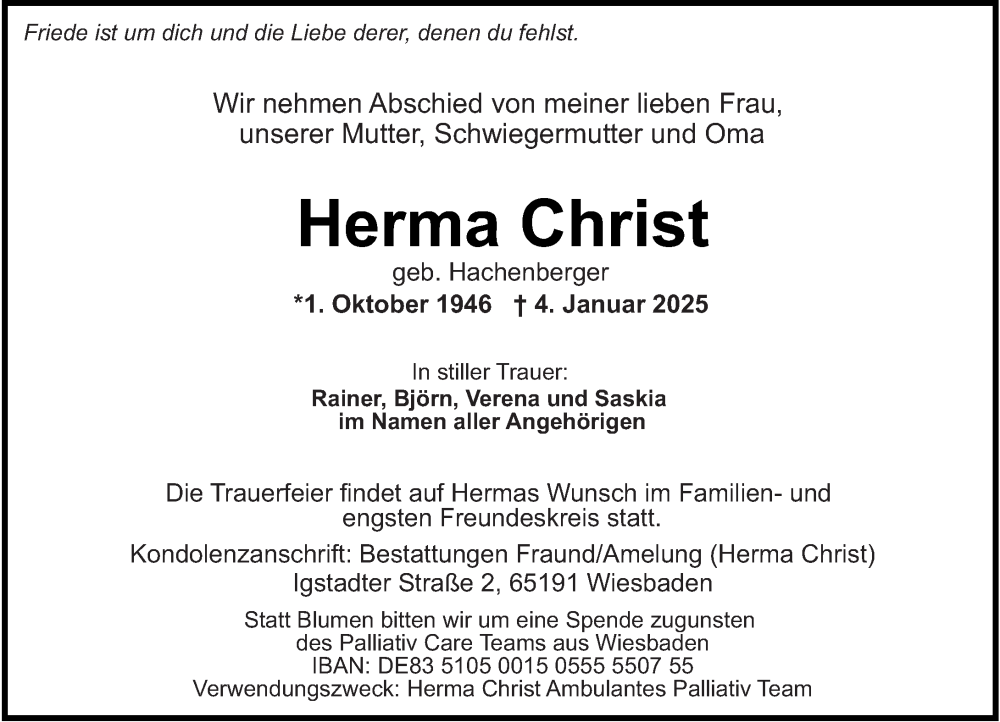  Traueranzeige für Herma Christ vom 11.01.2025 aus Wiesbadener Kurier