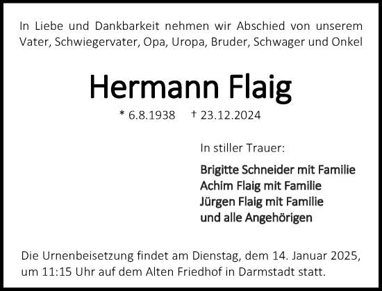 Traueranzeige von Hermann Flaig von Darmstädter Echo