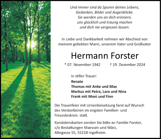 Traueranzeige von Hermann Forster von Allgemeine Zeitung Rheinhessen-Nahe