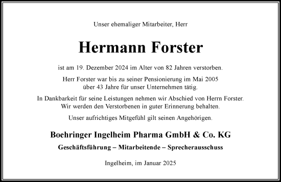 Traueranzeige von Hermann Forster von Allgemeine Zeitung Rheinhessen-Nahe